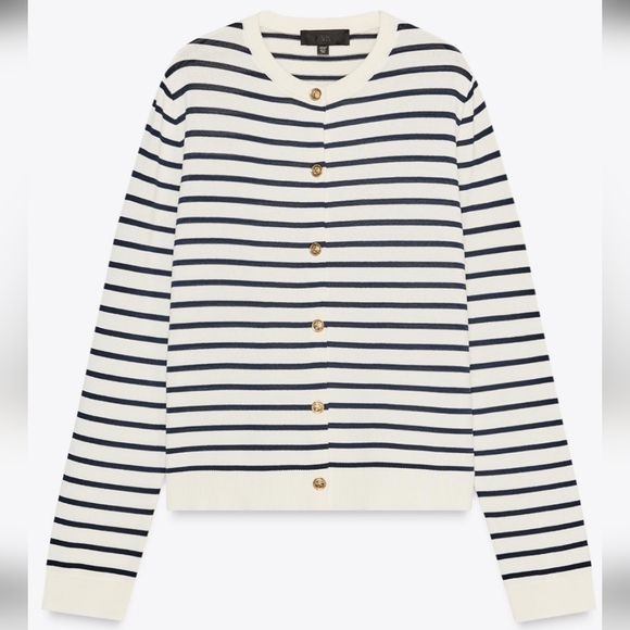 Zara Women's Black and Cream Striped Cardigan - Picture 1 of 2